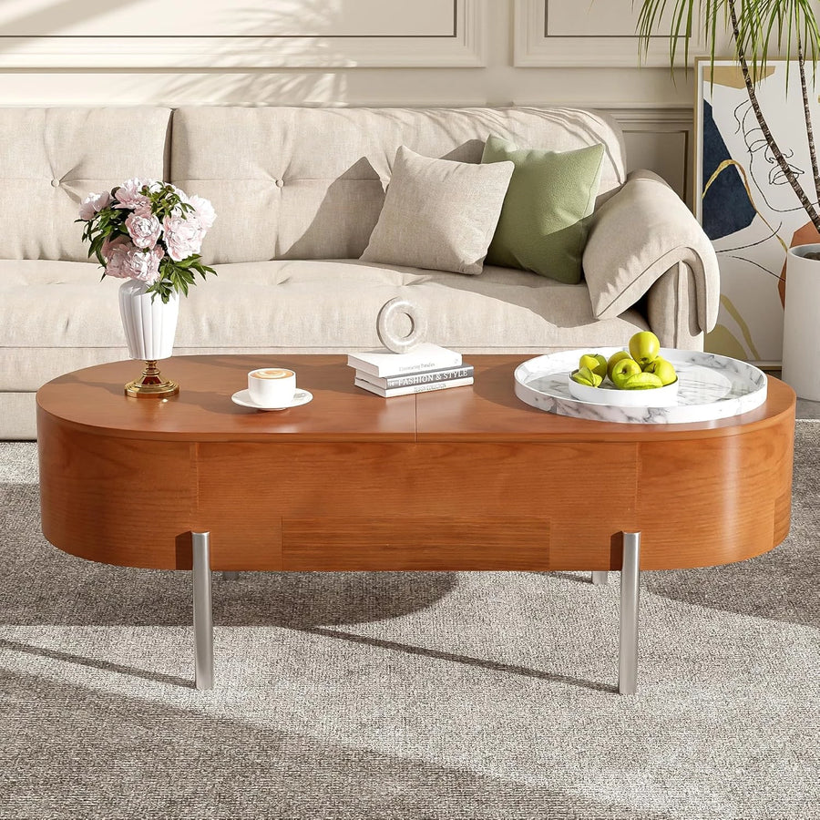 Coffee Table, Lift Top Coffee Tables for Living Room, Wooden Center Tables with Hidden Compartment and 360-degree Marble-Patterned Rotating Tray, 47.2'', (Brown)