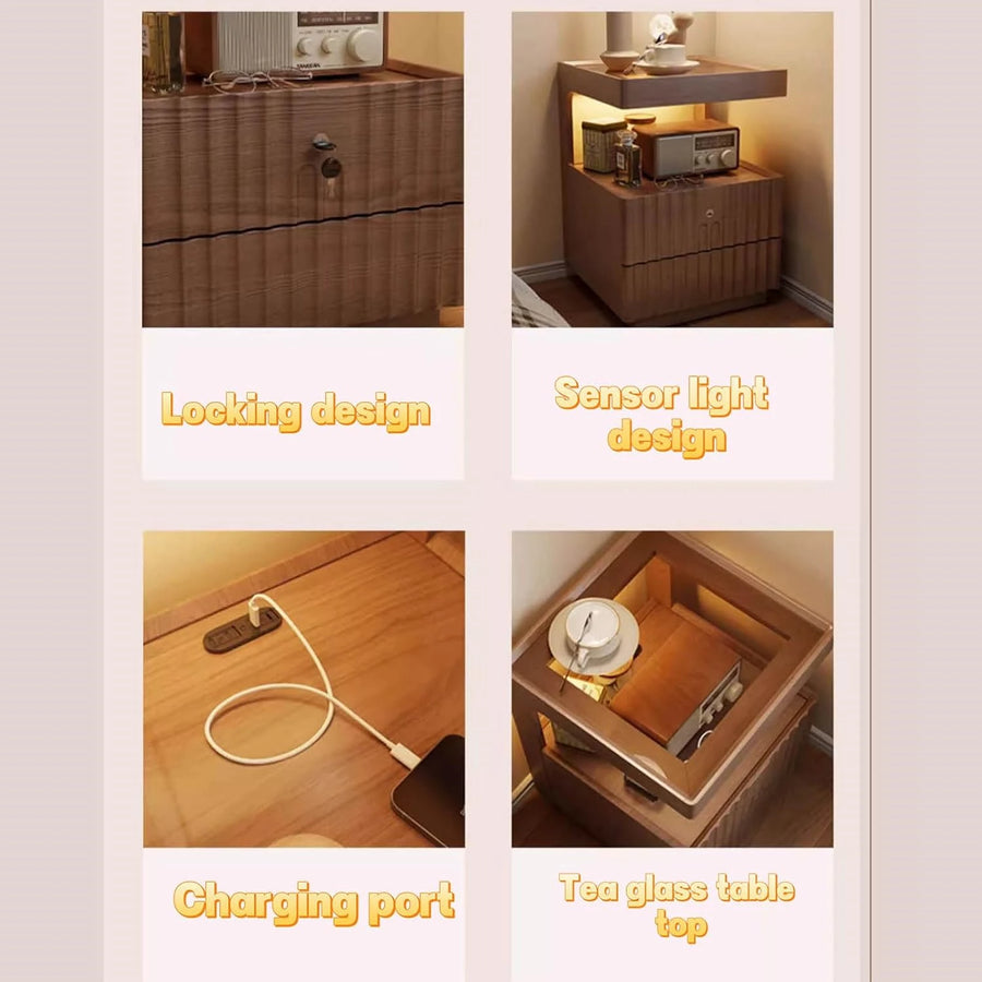 Simple Solid Wood Nightstand Bedside Table with Locking design inductive Minimalist Storage Cabinet for Bedroom Living Room 16x14x22inch