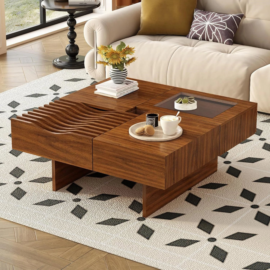 Mid Century Modern Coffee Table, Wooden Center Table with 3 Drawers Tempered Glass and Solid Wood Legs for Living Room, Brown