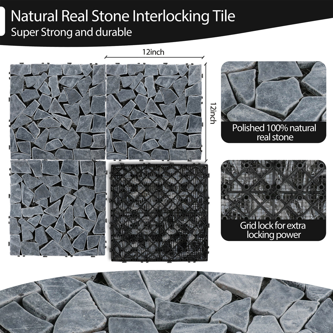 12''x12'' Interlocking Stone Deck Tiles - Sliced Dark Gray (Pack of 4)