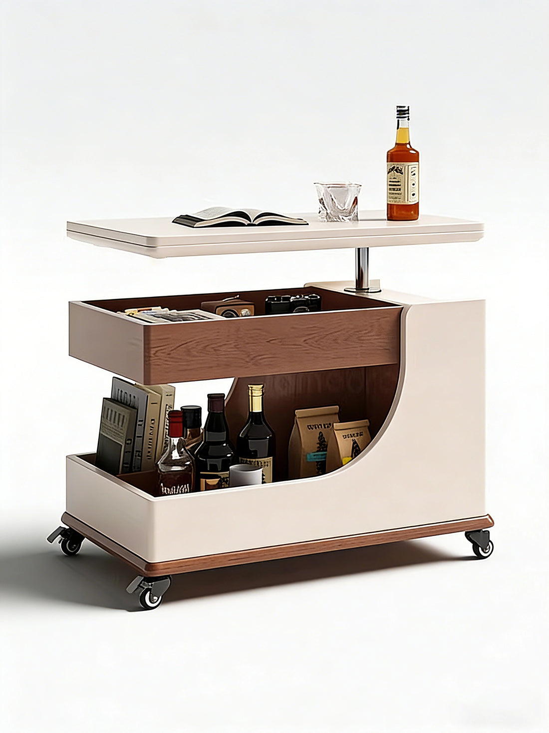 Mobile Adjustable Height Side Table with Sintered Stone Top, Modern Coffee Table for Living Room