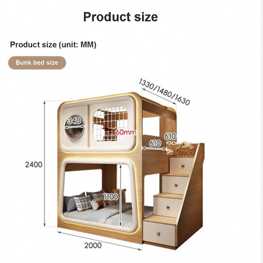 Childrens Bunk Beds, Toddler Bunk Beds Ladder Cabinet with Slide and Drawers, Mattress Space Capsule