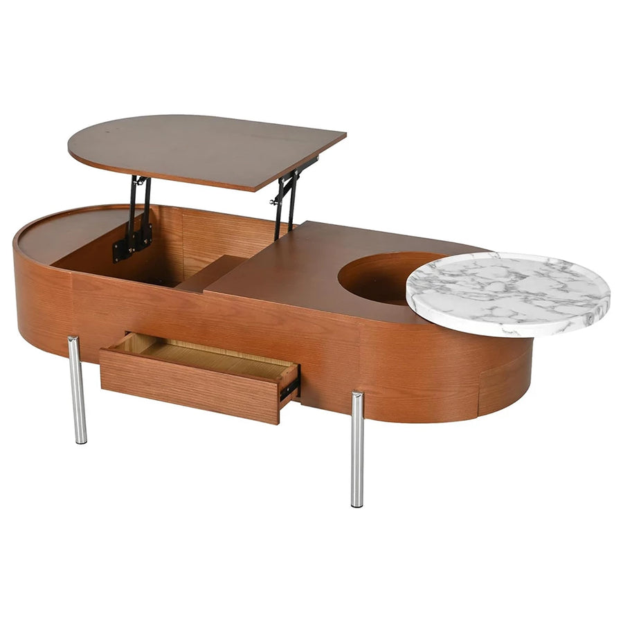 Coffee Table, Lift Top Coffee Tables for Living Room, Wooden Center Tables with Hidden Compartment and 360-degree Marble-Patterned Rotating Tray, 47.2'', (Brown)