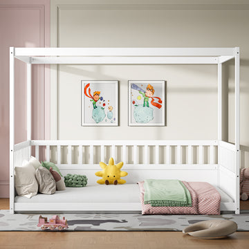 Full Size Canopy Bed Frame with Guardrails for Kids,Floor Bed Full with Four Poster Design,Kids Montessori Floor Bed,Wood Canopy Bed Frame for Girls,Boys(Full,White),Mattress not included