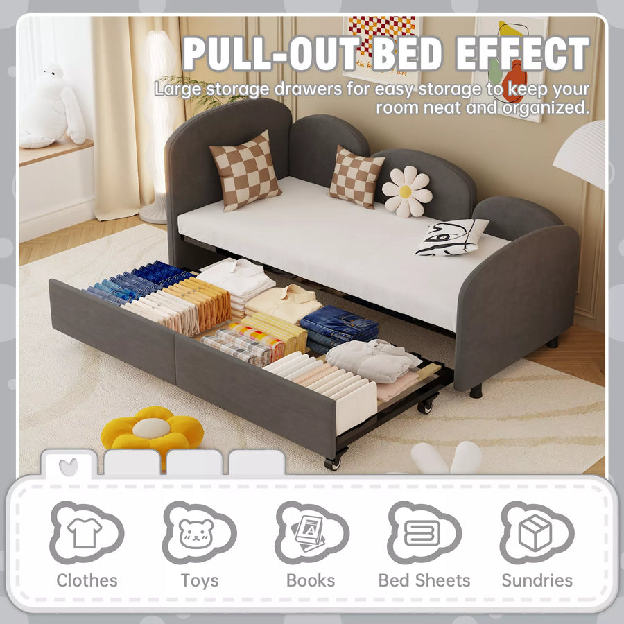 Modern Minimalist Daybed with Wooden Slats and Trundle for Bedroom and Living Room, Guest Room, Twin Size