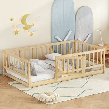 Twin Size Floor Bed with Slats, Montessori Floor Bed with Fence and Door, Kids Montessori Bed Twin Size, Wood Montessori Floor Bed for Kids, Girls, Boys(Twin Natural) Wood Queen Size House Platform Bed with Guardrail and 2 Drawers, White, No mattress