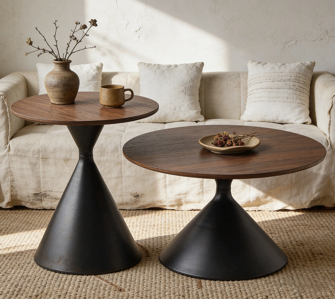 50+70cm Round Coffee Table Set of 2, Modern Cream Style Coffee Tables, Solid Wood Accent Tables for Living Room, Easy Assembly