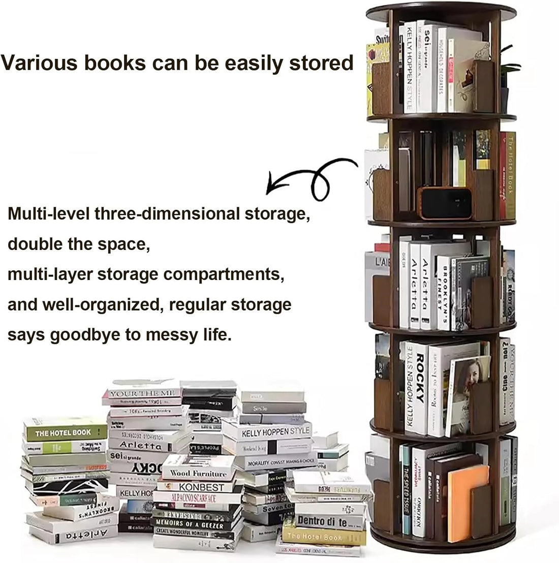 Solid Wood Rotating Bookshelf,Round Rotating Bookcase 360 Display,Floor Standing Bookcase for Kids & Adults,Corner Bookshelf