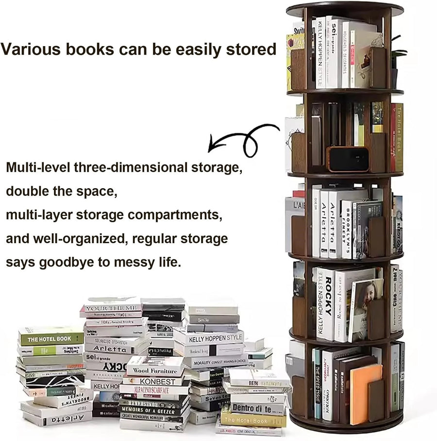 Solid Wood Rotating Bookshelf,Round Rotating Bookcase 360 Display,Floor Standing Bookcase for Kids & Adults,Corner Bookshelf