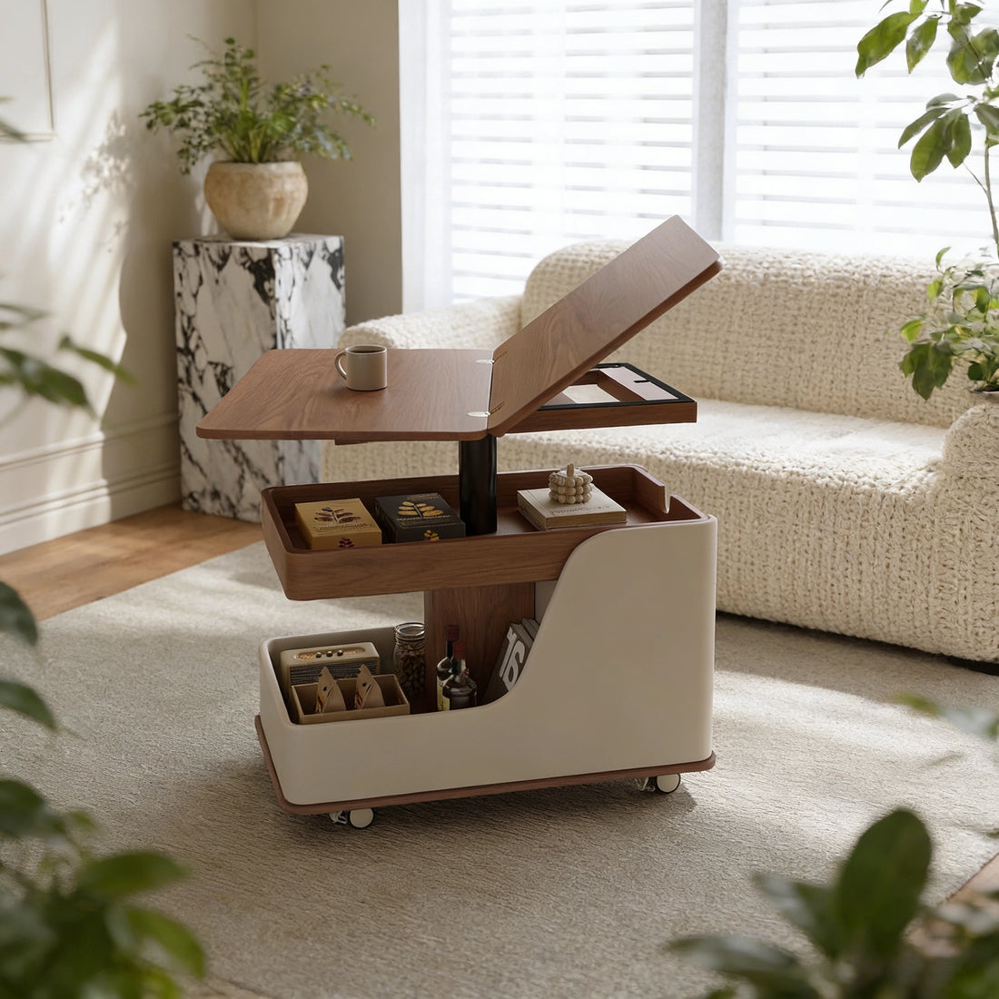 Mobile Adjustable Height Side Table with Sintered Stone Top, Modern Coffee Table for Living Room