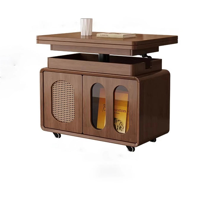 Adjustable Solid Wood Side Table with Wheels Rolling Sofa Table for Living Room