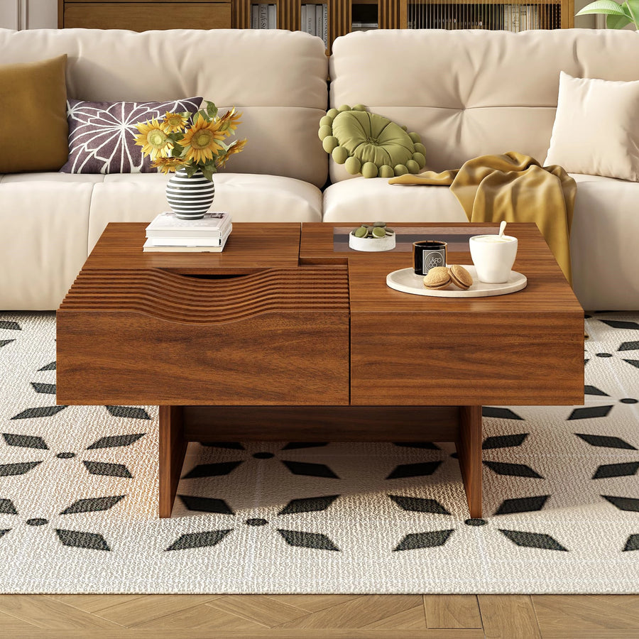 Mid Century Modern Coffee Table, Wooden Center Table with 3 Drawers Tempered Glass and Solid Wood Legs for Living Room, Brown
