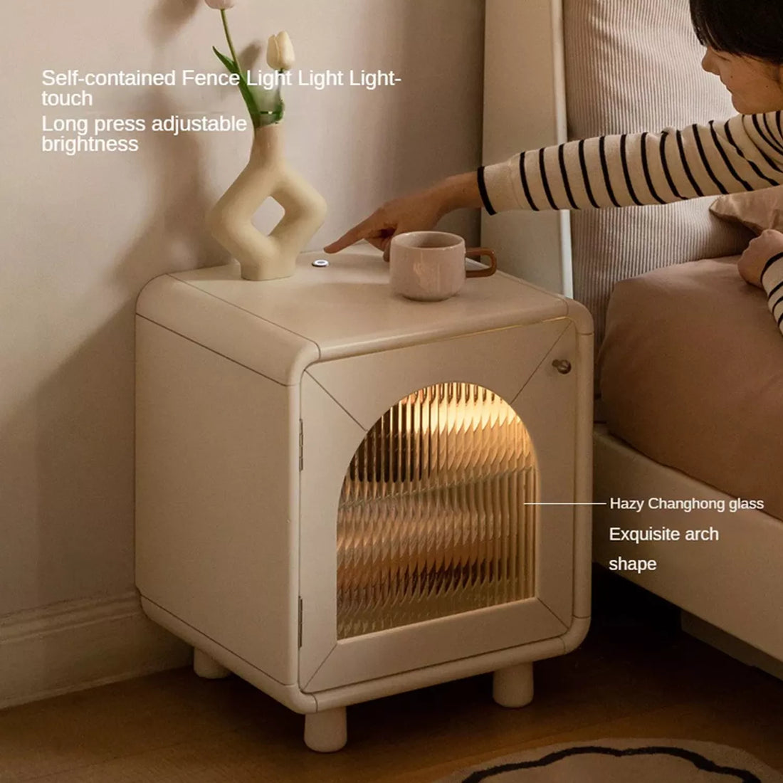 Rubber wood, Poplar solid wood Light nightstand cream style