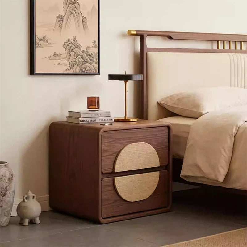 Mid-Century Style Solid Wood & Rattan Nightstand with 2 Drawers