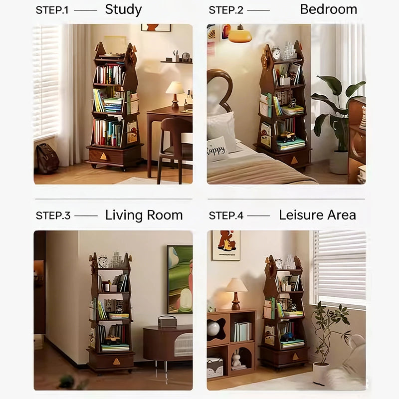 Kids Rotating Bookshelf, Wooden Mobile Children’s Book Rack, Floor Standing 360° Spin Bookcase with Wheels, Montessori Storage Organizer for Nursery, Bedroom & Playroom