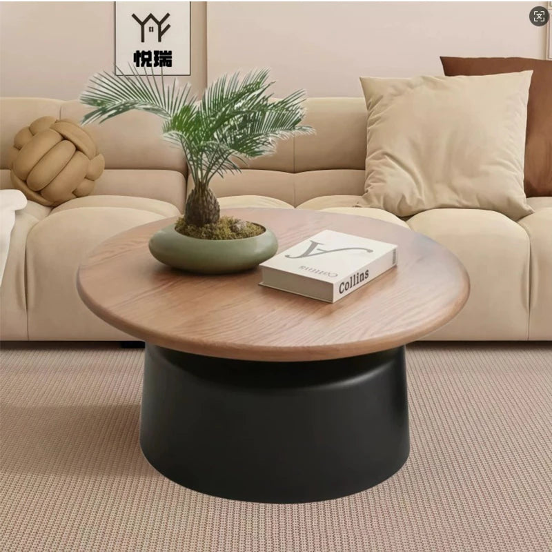 50+70cm Cream & Wood Round Coffee Table – Modern Pedestal Cocktail Table with Carbon Steel Base, Nordic Minimalist Center Table for Living Room
