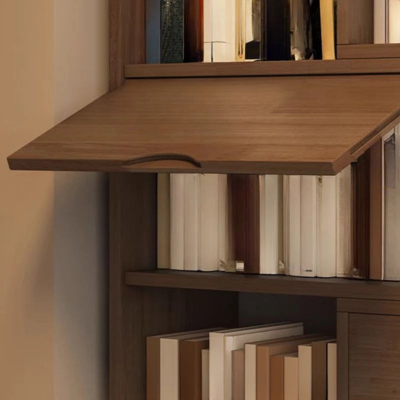 2 Doors Rubberwood Solids Multi-Functional Bookshelf, Retractable Design Solid Wood Bookcase, with 4-Tier, Wood Color, 43