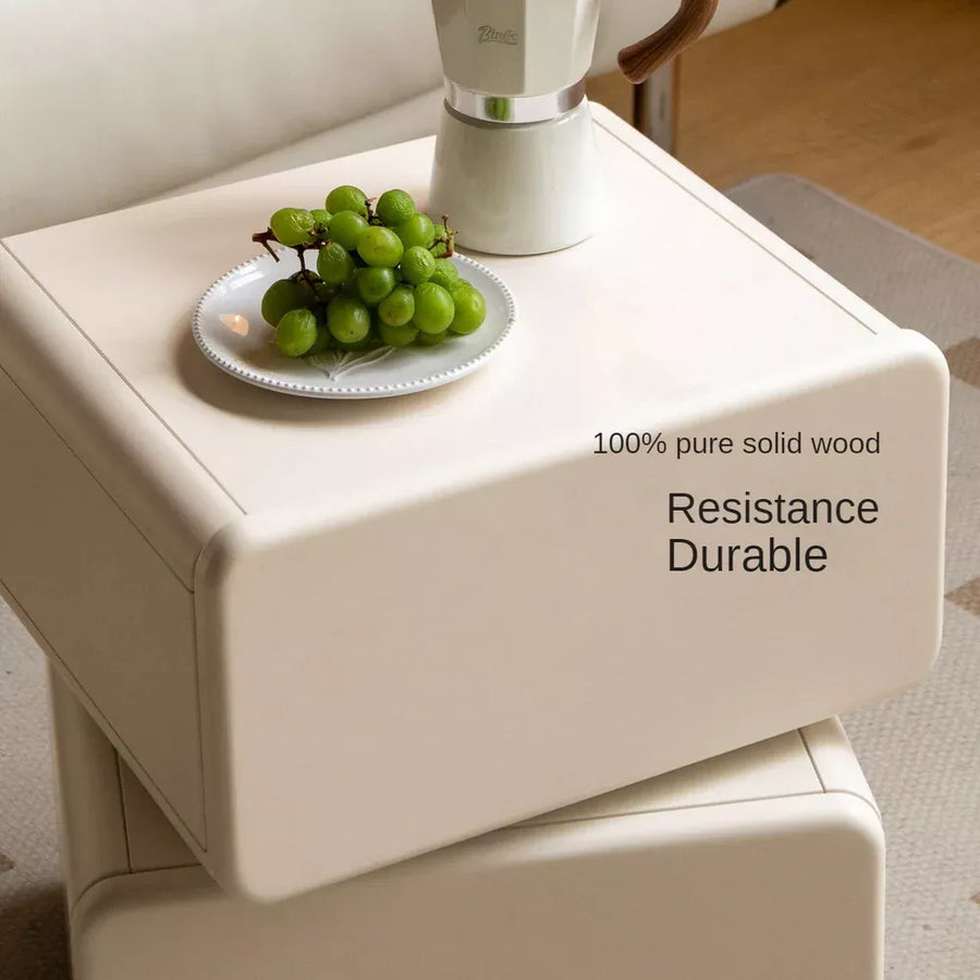 Rotating Solid Wood Nightstand - Cream Finish Bedside Cabinet with Drawers, White Storage Side Table for living Room and Bedroom