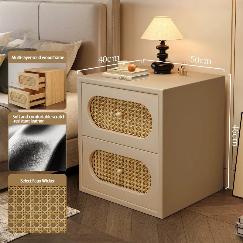 Mid-Century Modern Solid Wood Nightstand (with Natural Rattan Drawers)