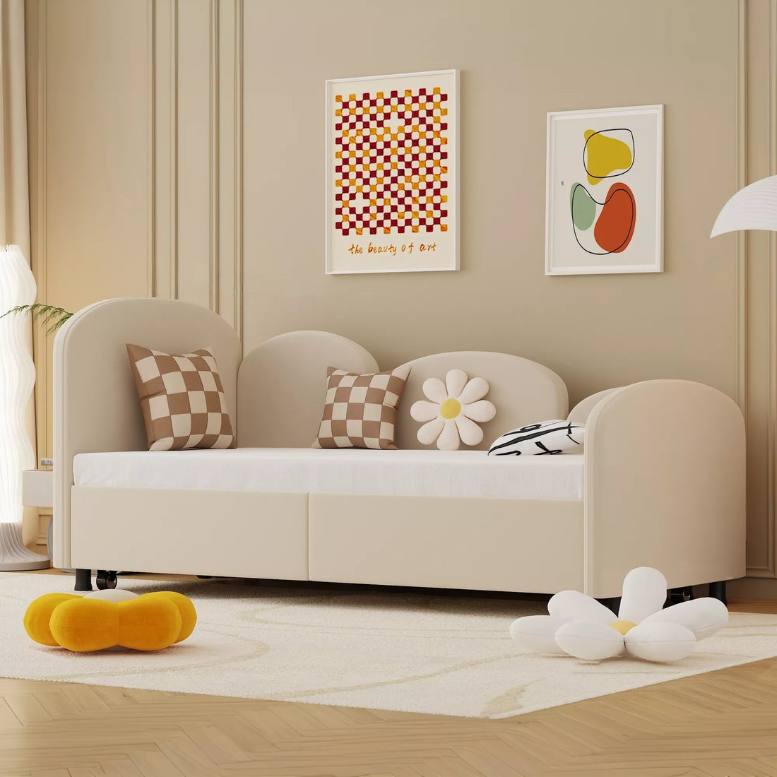 Modern Minimalist Daybed with Wooden Slats and Trundle for Bedroom and Living Room, Guest Room, Twin Size