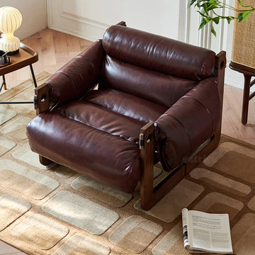 Single Leather Sofa Leisure Chair Solid Wood Design Home Balcony Recliner