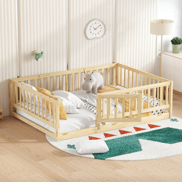 Full Size Floor Bed with Slats, Montessori Floor Bed with Fence and Door, Kids Montessori Bed Full Size, Wood Montessori Floor Bed for Kids, Girls, Boys(Full Natural)