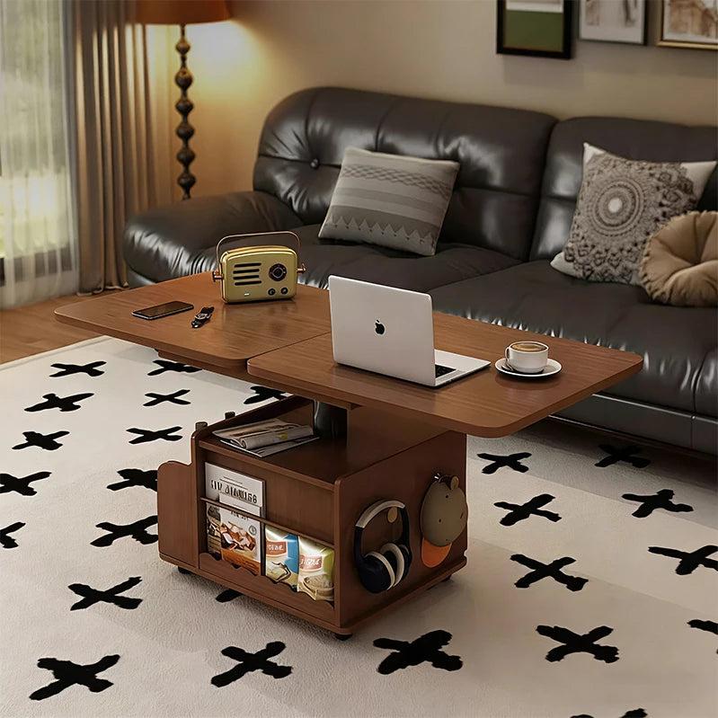 Mid-Century Modern Solid Wood Extendable Coffee Table with Adjustable Height, Wheels, and 2 Storage Compartments, Multifunctional Lift Top Table for Living Room or Dining