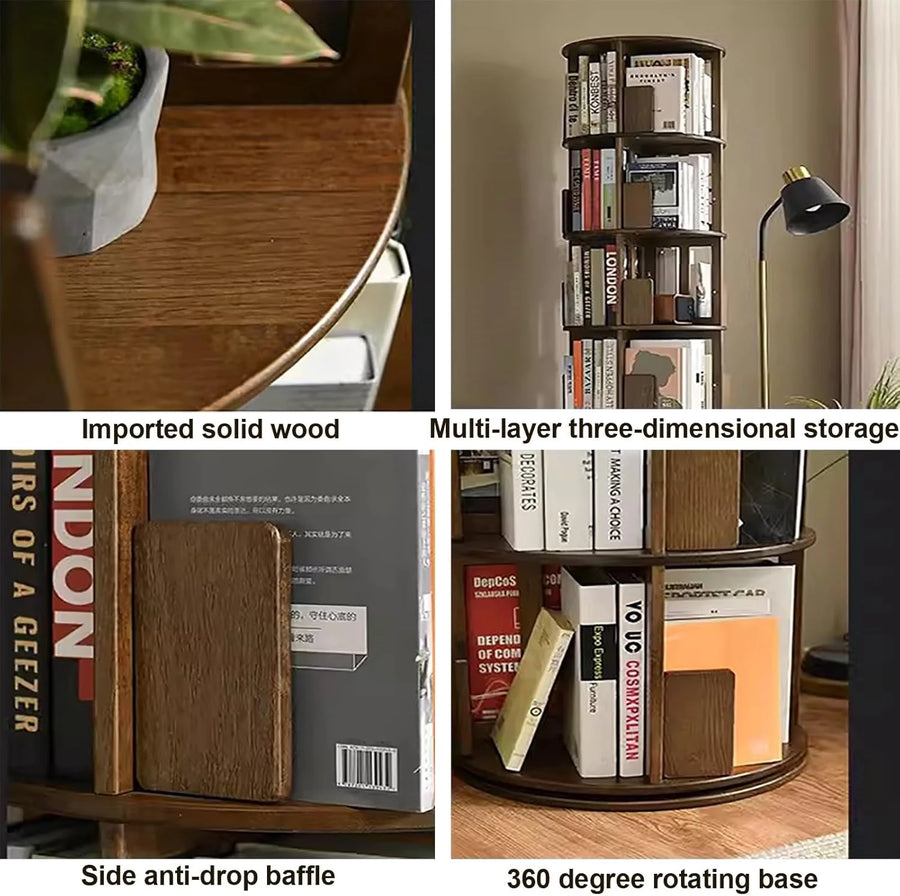 Solid Wood Rotating Bookshelf,Round Rotating Bookcase 360 Display,Floor Standing Bookcase for Kids & Adults,Corner Bookshelf