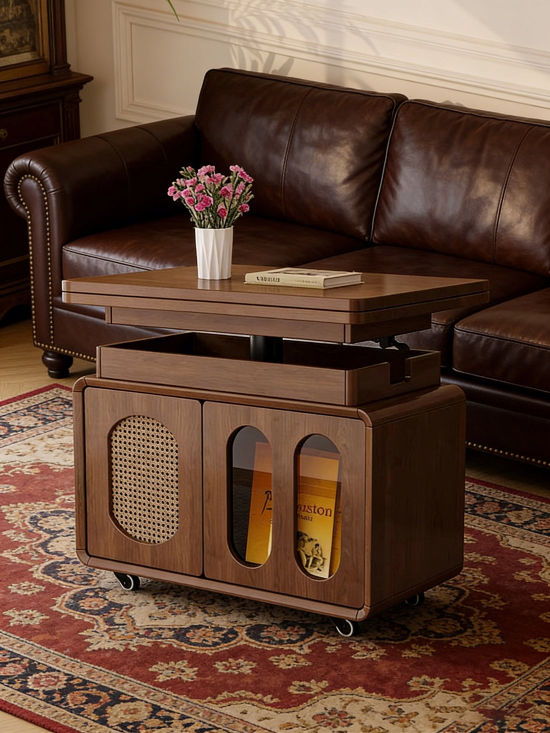 Adjustable Solid Wood Side Table with Wheels Rolling Sofa Table for Living Room