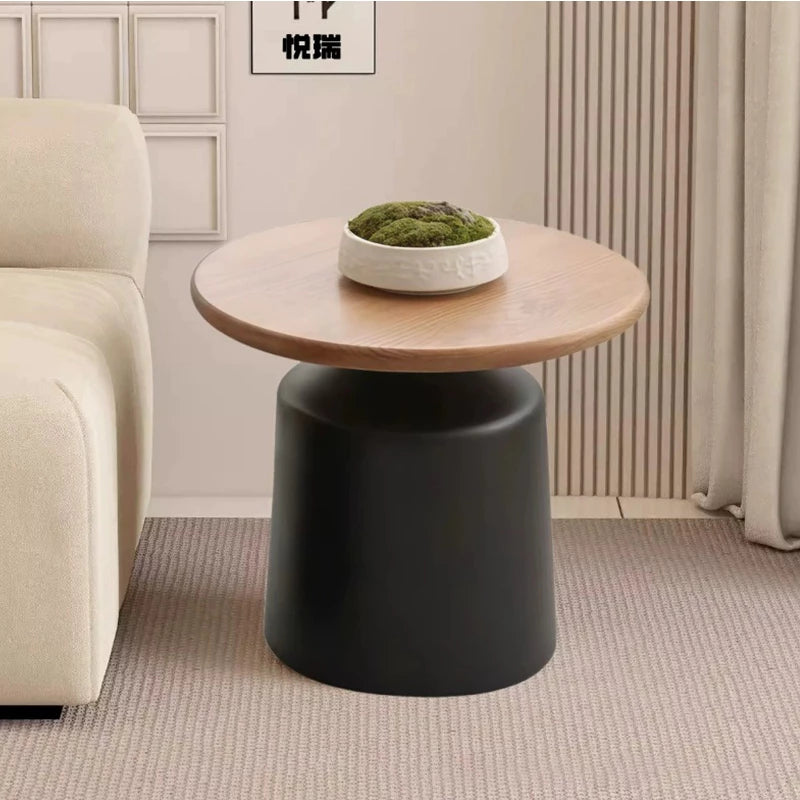 50+70cm Cream & Wood Round Coffee Table – Modern Pedestal Cocktail Table with Carbon Steel Base, Nordic Minimalist Center Table for Living Room
