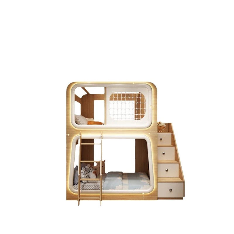 Childrens Bunk Beds, Toddler Bunk Beds Ladder Cabinet with Slide and Drawers, Mattress Space Capsule