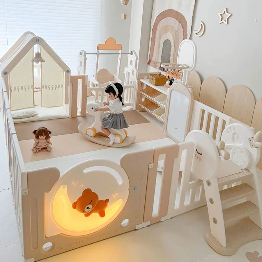 Indoor Newborn Playpen & Play Yard Play Pen with Toys and House |  Glowing Moon Bear