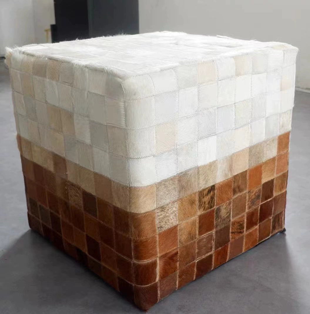 16" Cowhide Leather Cube Pouf Handmade Sofa Stool