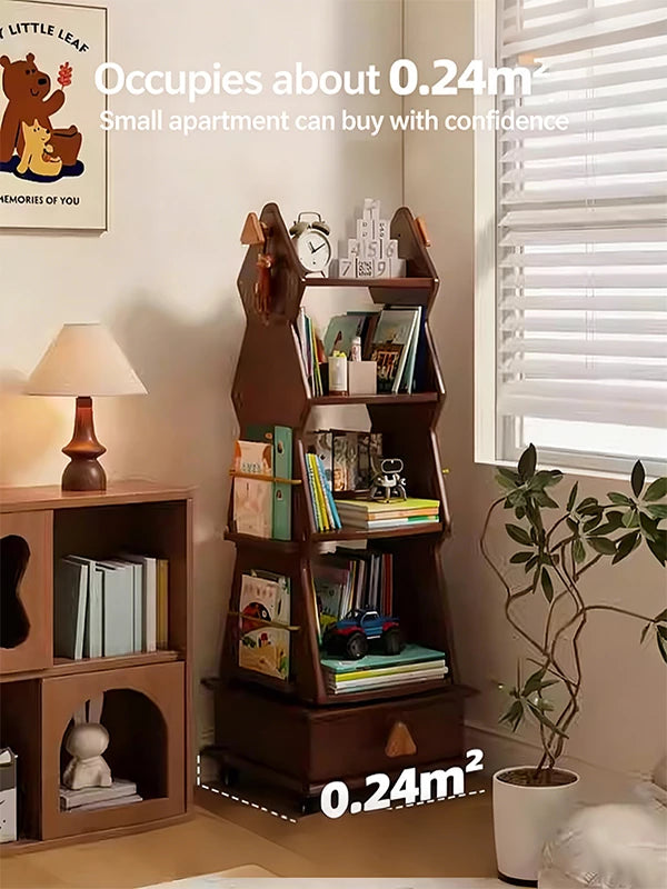 Kids Rotating Bookshelf, Wooden Mobile Children’s Book Rack, Floor Standing 360° Spin Bookcase with Wheels, Montessori Storage Organizer for Nursery, Bedroom & Playroom