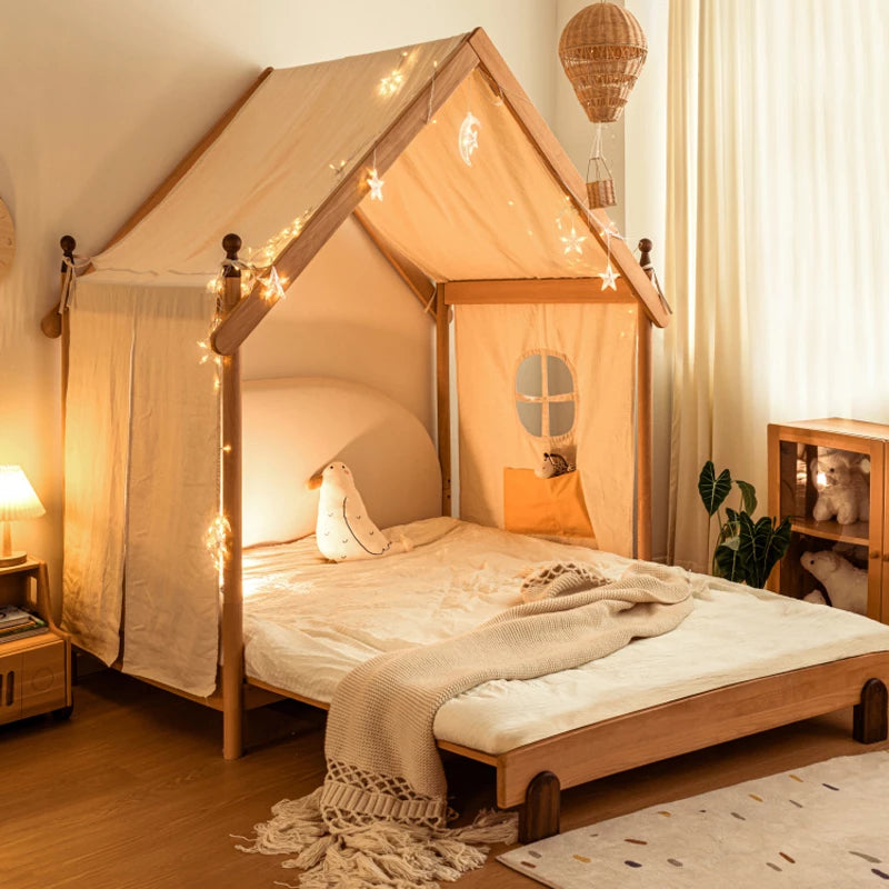 All solid wood kids bed with slide, tent suitable for 0-16 years old