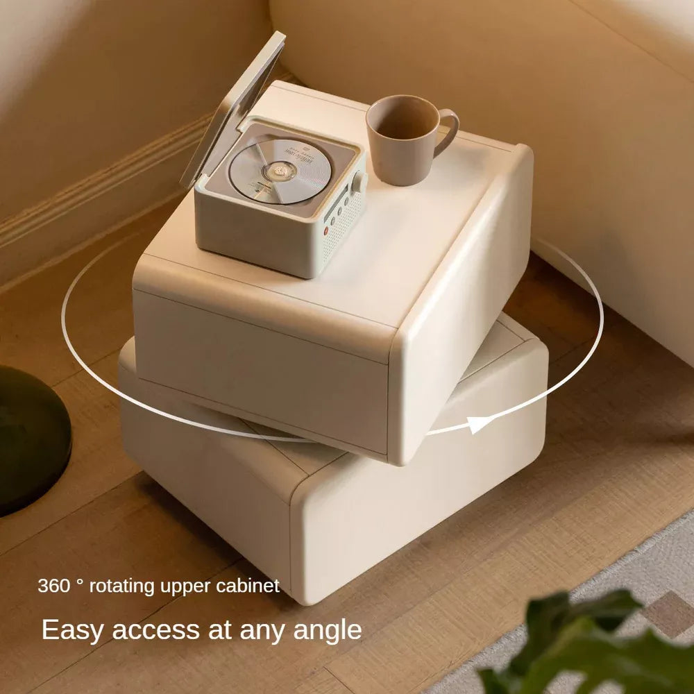 Rotating Solid Wood Nightstand - Cream Finish Bedside Cabinet with Drawers, White Storage Side Table for living Room and Bedroom