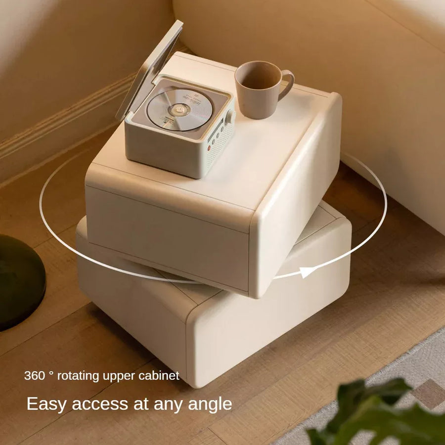 Rotating Solid Wood Nightstand - Cream Finish Bedside Cabinet with Drawers, White Storage Side Table for living Room and Bedroom
