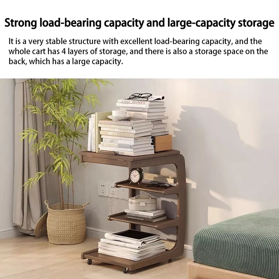 C-Shaped Side Table for Couch with Storage Bag, 4-Tier Small Side Table, Wooden Sofa Table for Living Room and Bedroom, Rustic Brown