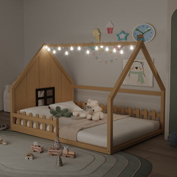 Full Size Wood House Bed with Window and Fence, Natural, Mattress not included
