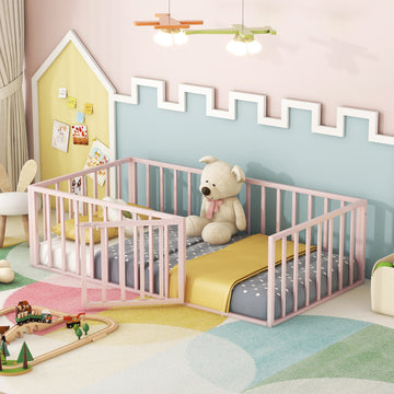 Twin Size Metal Floor Bed Frame with Fence and Door, Pink, Mattress not included