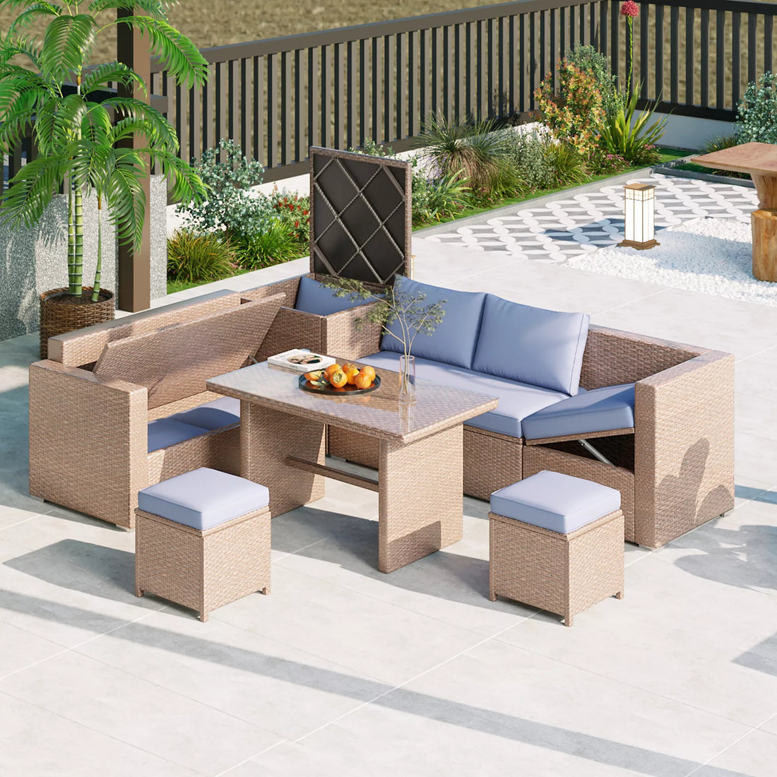 6-Piece Outdoor Sectional Furniture Set with Storage Box and Adjustable Seat, All Weather Rattan Sofa Set with Removable Covers and Tempered Glass Top Table for Garden Patio