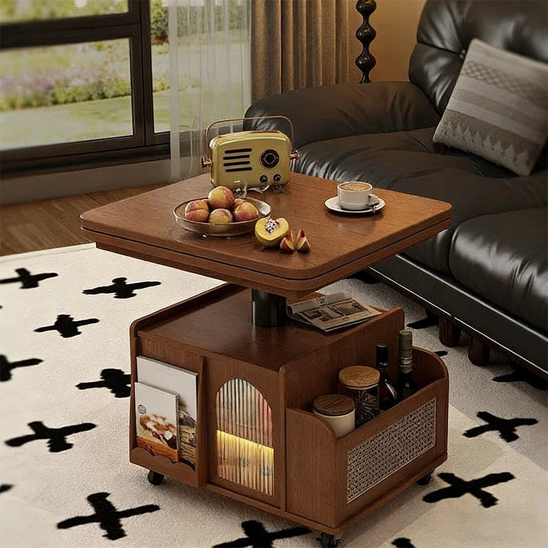 Mid-Century Modern Solid Wood Extendable Coffee Table with Adjustable Height, Wheels, and 2 Storage Compartments, Multifunctional Lift Top Table for Living Room or Dining