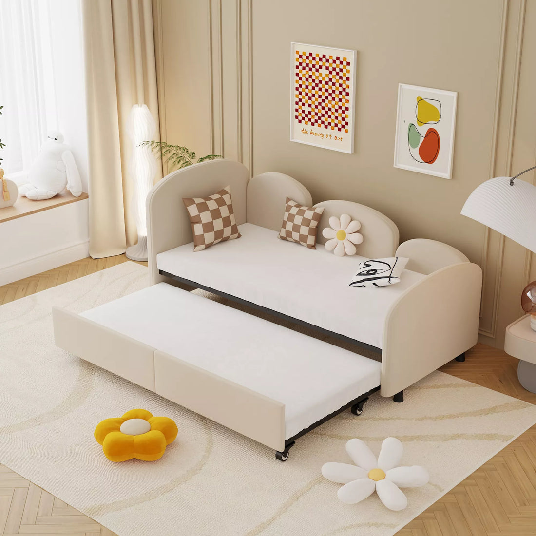 Modern Minimalist Daybed with Wooden Slats and Trundle for Bedroom and Living Room, Guest Room, Twin Size