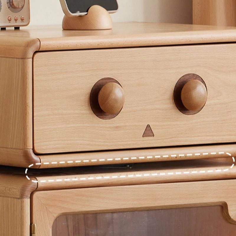 1 Shelf Timber Kids Nightstand with Built-in Outlet, Robot Night Side Table Lights, Cabinets, Cupboard, Compartment, Wood Color