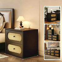 Mid-Century Modern Solid Wood Nightstand (with Natural Rattan Drawers)