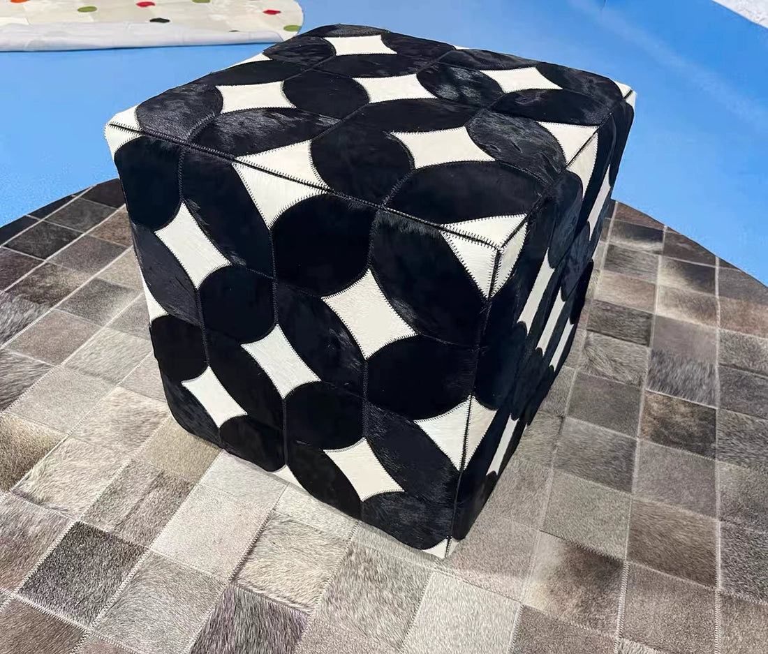 16" Cowhide Leather Cube Pouf Handmade Sofa Stool