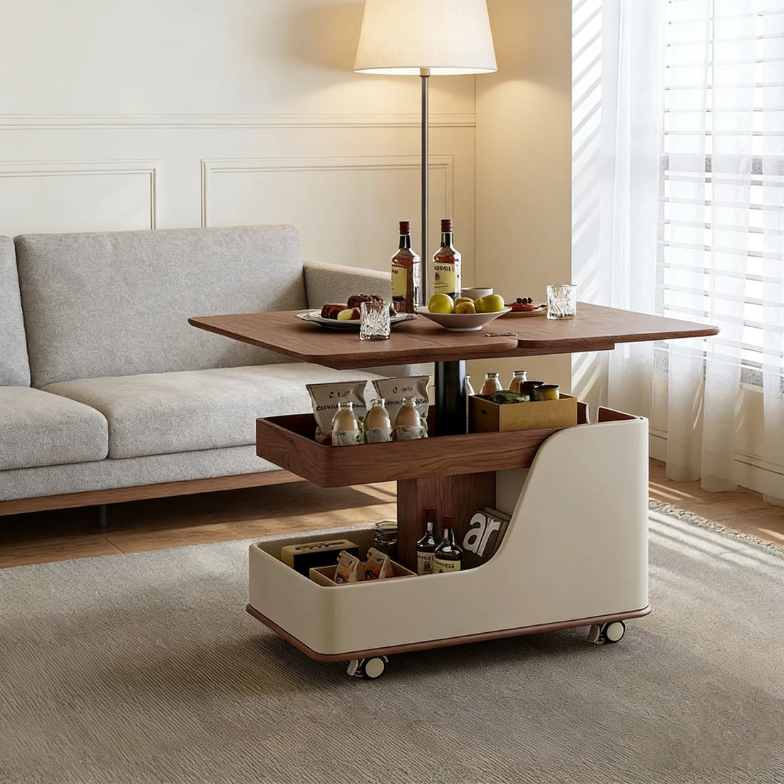 Mobile Adjustable Height Side Table with Sintered Stone Top, Modern Coffee Table for Living Room