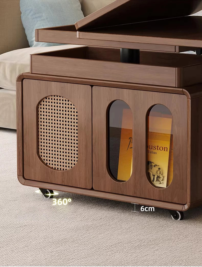 Adjustable Solid Wood Side Table with Wheels Rolling Sofa Table for Living Room