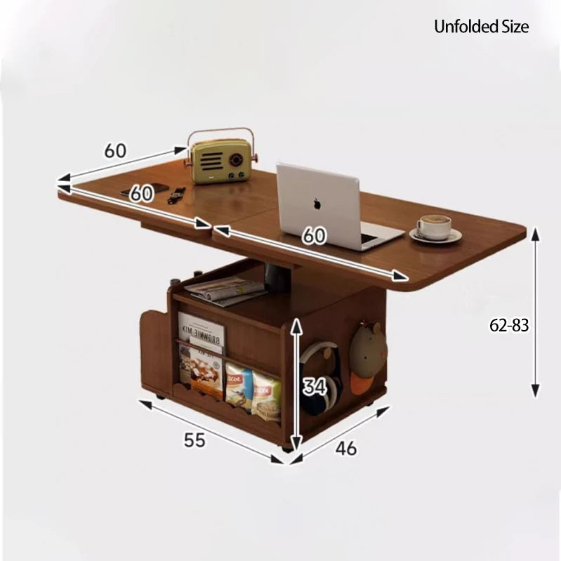 Mid-Century Modern Solid Wood Extendable Coffee Table with Adjustable Height, Wheels, and 2 Storage Compartments, Multifunctional Lift Top Table for Living Room or Dining