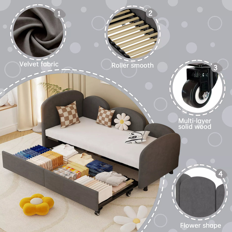 Modern Minimalist Daybed with Wooden Slats and Trundle for Bedroom and Living Room, Guest Room, Twin Size